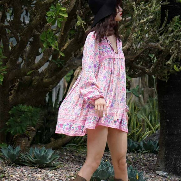Boho Chic Gypsy Floral Print Mini Dress - Picture 4 of 8